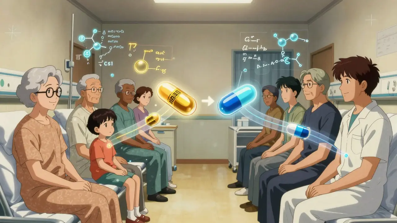 Diverse patients with glowing drug pathways showing brand and generic equivalence