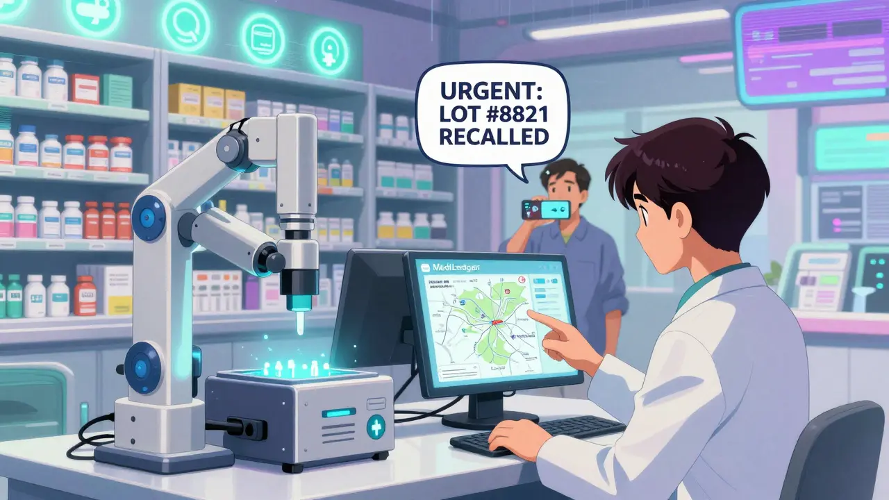 Futuristic pharmacy with AI robots and blockchain verification symbols in retro anime style, patient receiving recall alert.