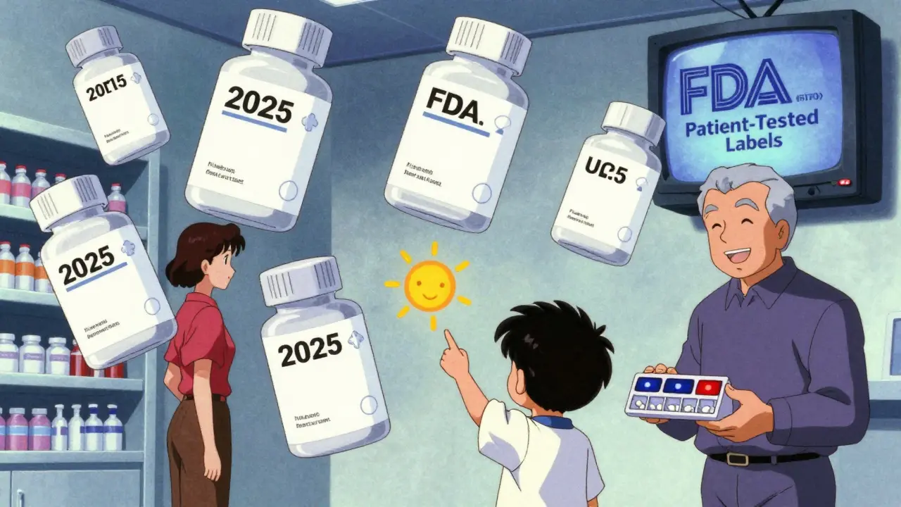 Futuristic pharmacy with clear labeled pills and pictograms in retro anime style