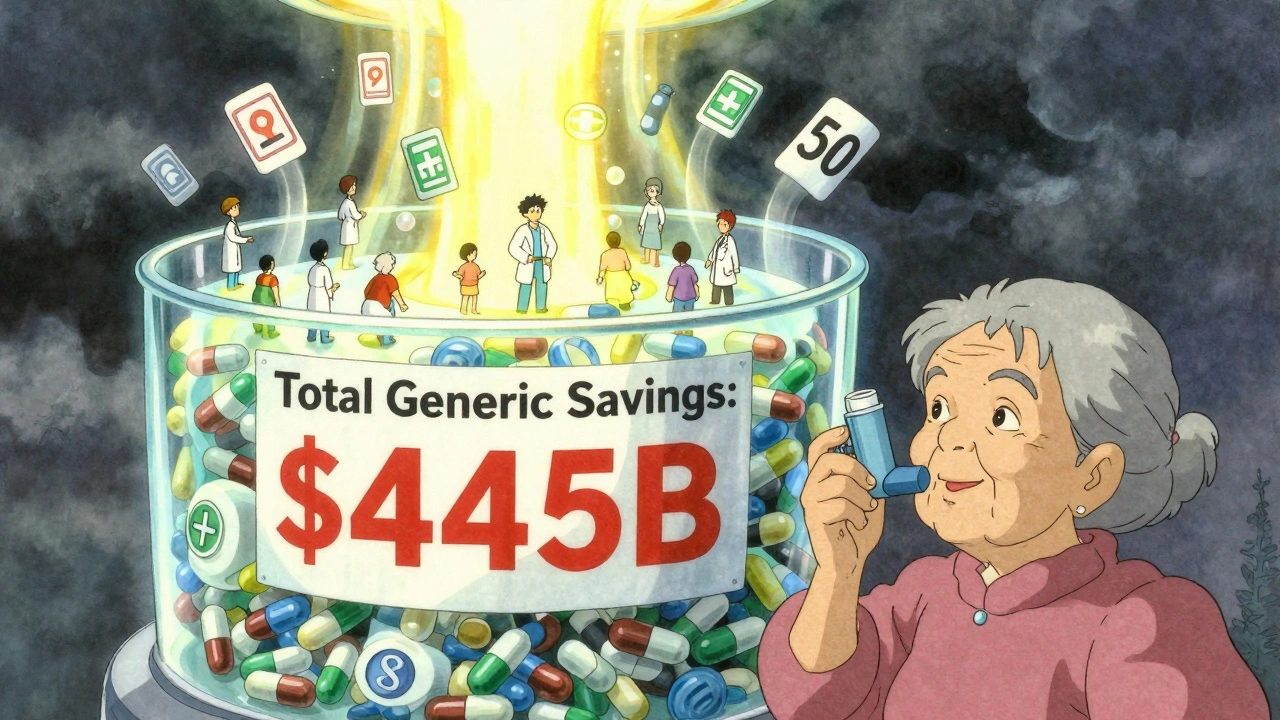 Glowing reservoir of savings with patients rising on currents, holding affordable inhaler.