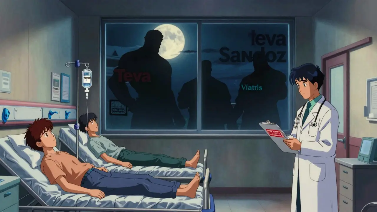 Hospital hallway with empty IV bag, doctor holding a shortage notice at night.