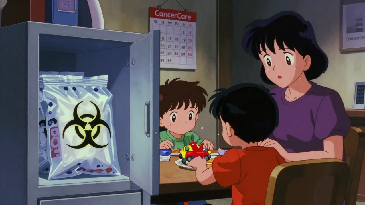 Locked cabinet with hazardous chemo waste out of reach of a child at the dinner table.