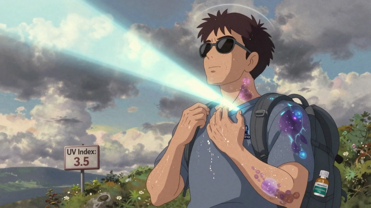 Man on a cloudy hike reacts to invisible UV rays with skin damage, wearing UPF clothing.