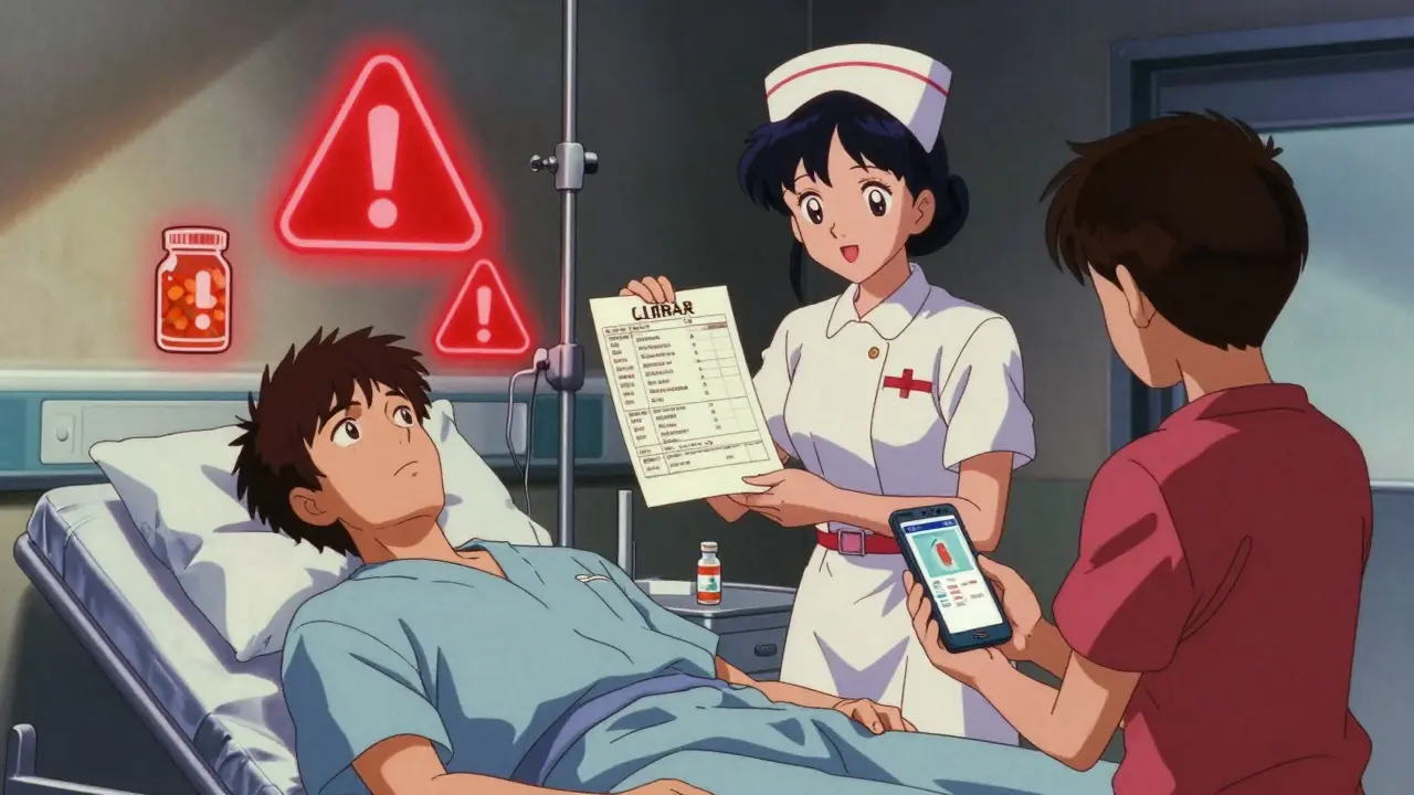 Nurse and patient in ER with floating warning icons above mismatched medicine bottles.