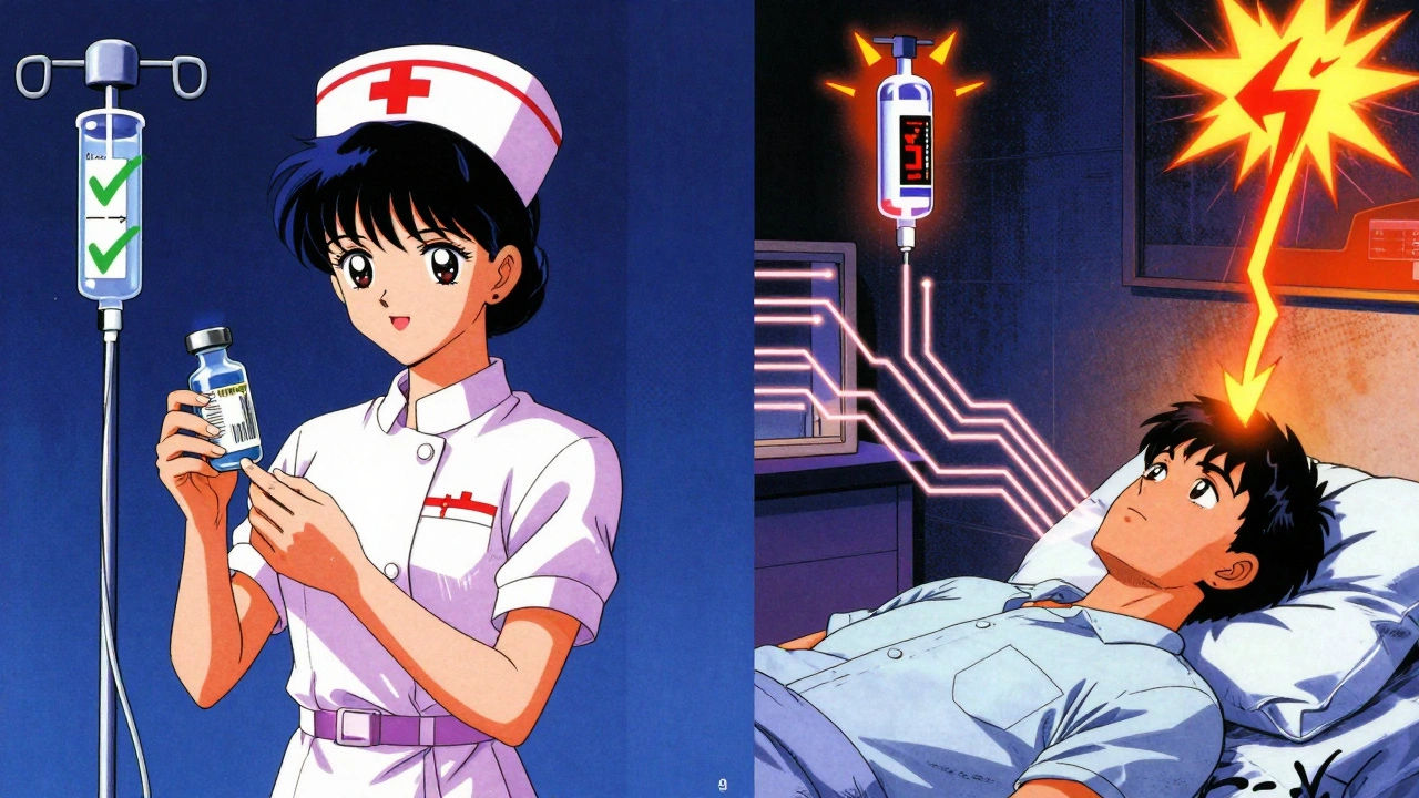 Nurse scanning medication barcode with a glowing red alert flashing above her.