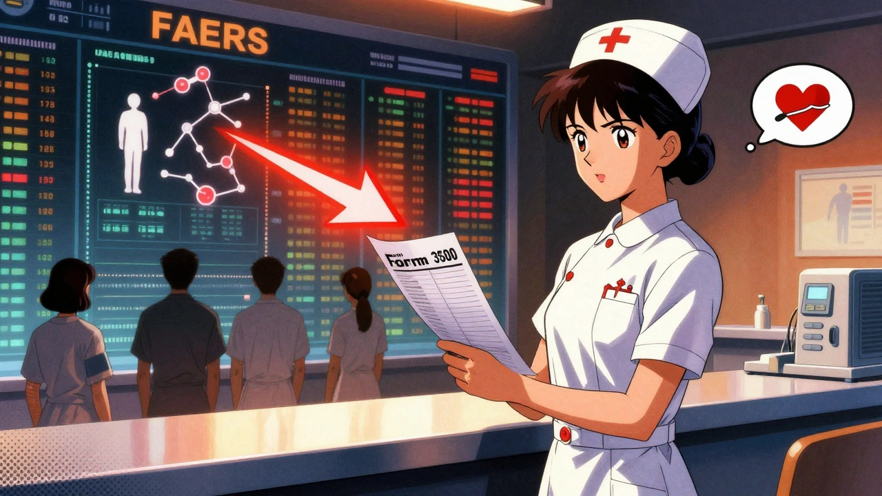 Nurse submitting an adverse reaction form as a digital safety database glows behind her