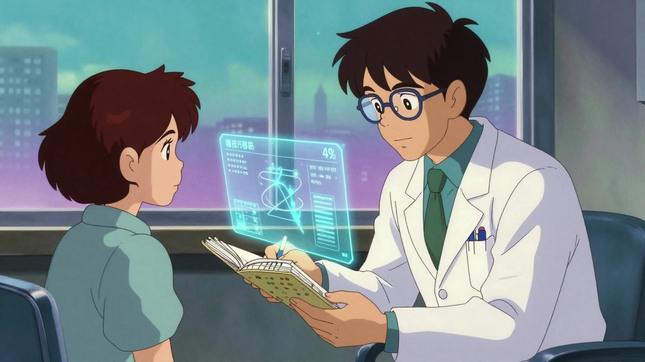 Patient and doctor reviewing medication records with a holographic drug interaction display.