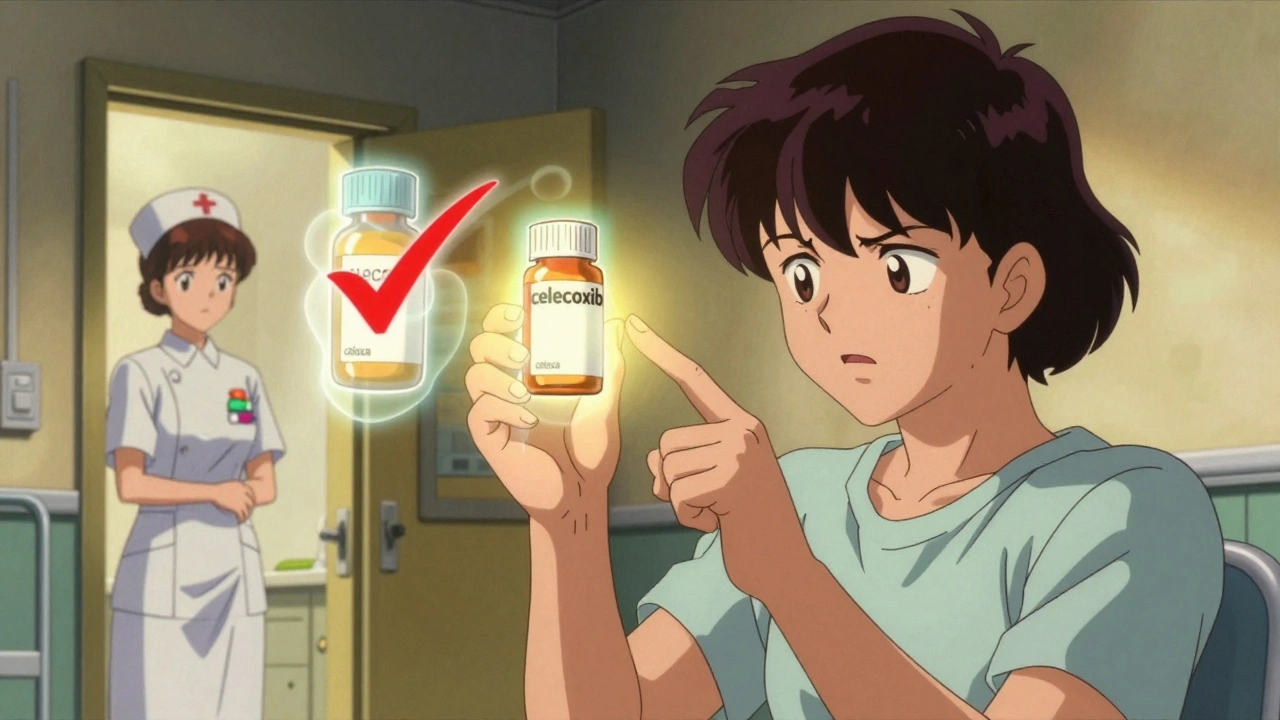 Patient examining medication label as ghostly drug names float beside it, glowing checkmark appears.