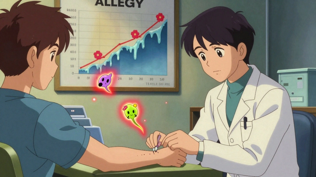 Patient getting allergy skin test as floating allergen icons glow in medical office.