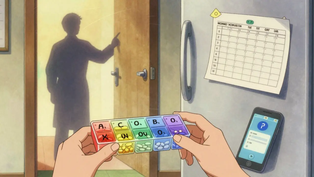Patient using a color-coded pill organizer with smartphone reminder and printed schedule.