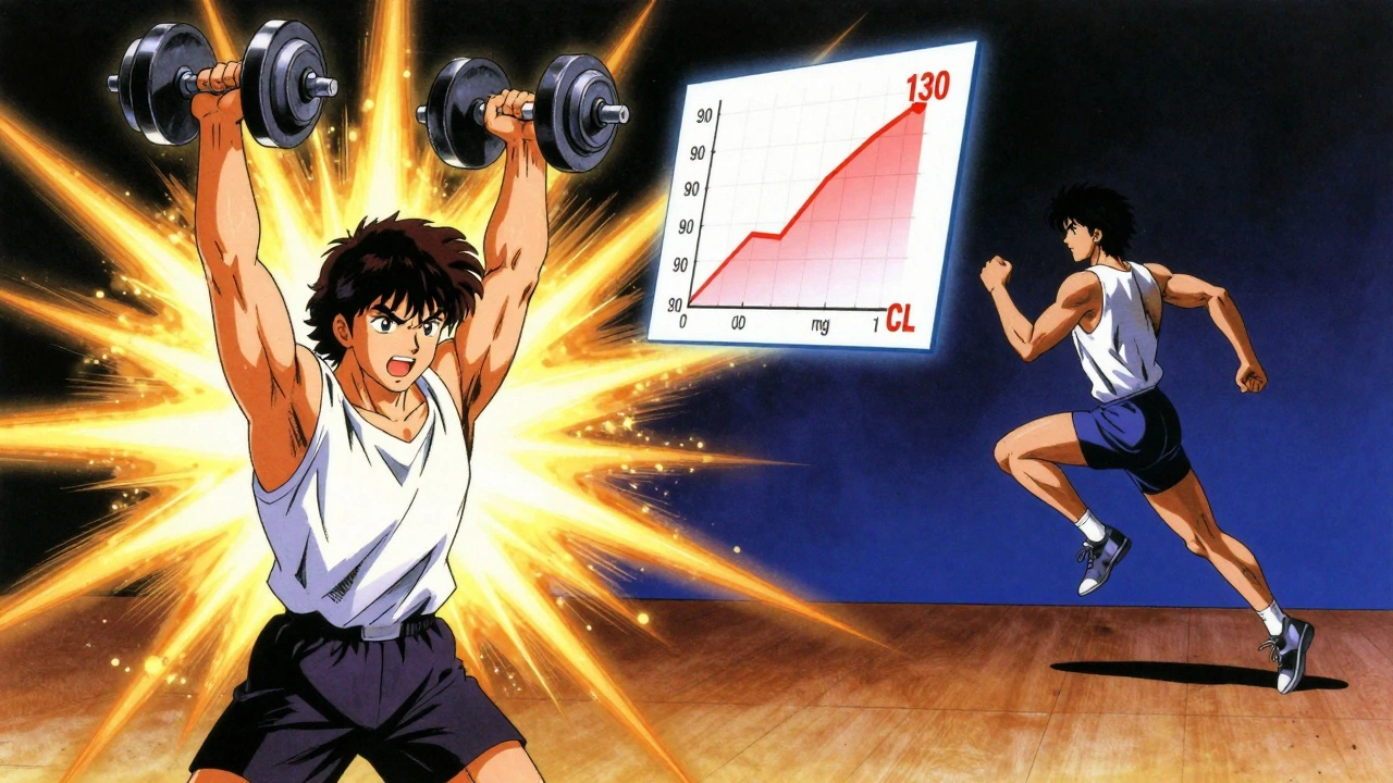 Person lifting weights as glucose levels rise with golden sparks, contrasting with a runner experiencing a drop.