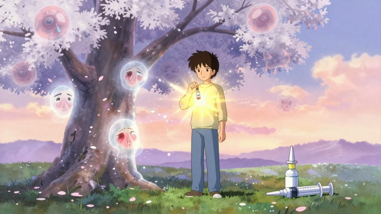 Person under glowing tree as allergy symptoms dissolve into petals, Xolair vial in hand.