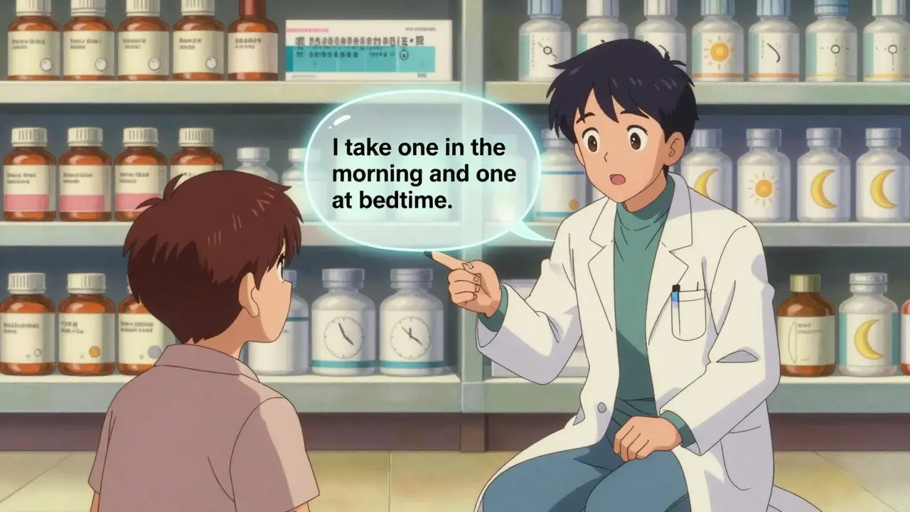 Pharmacist and patient using teach-back method with glowing clear instructions