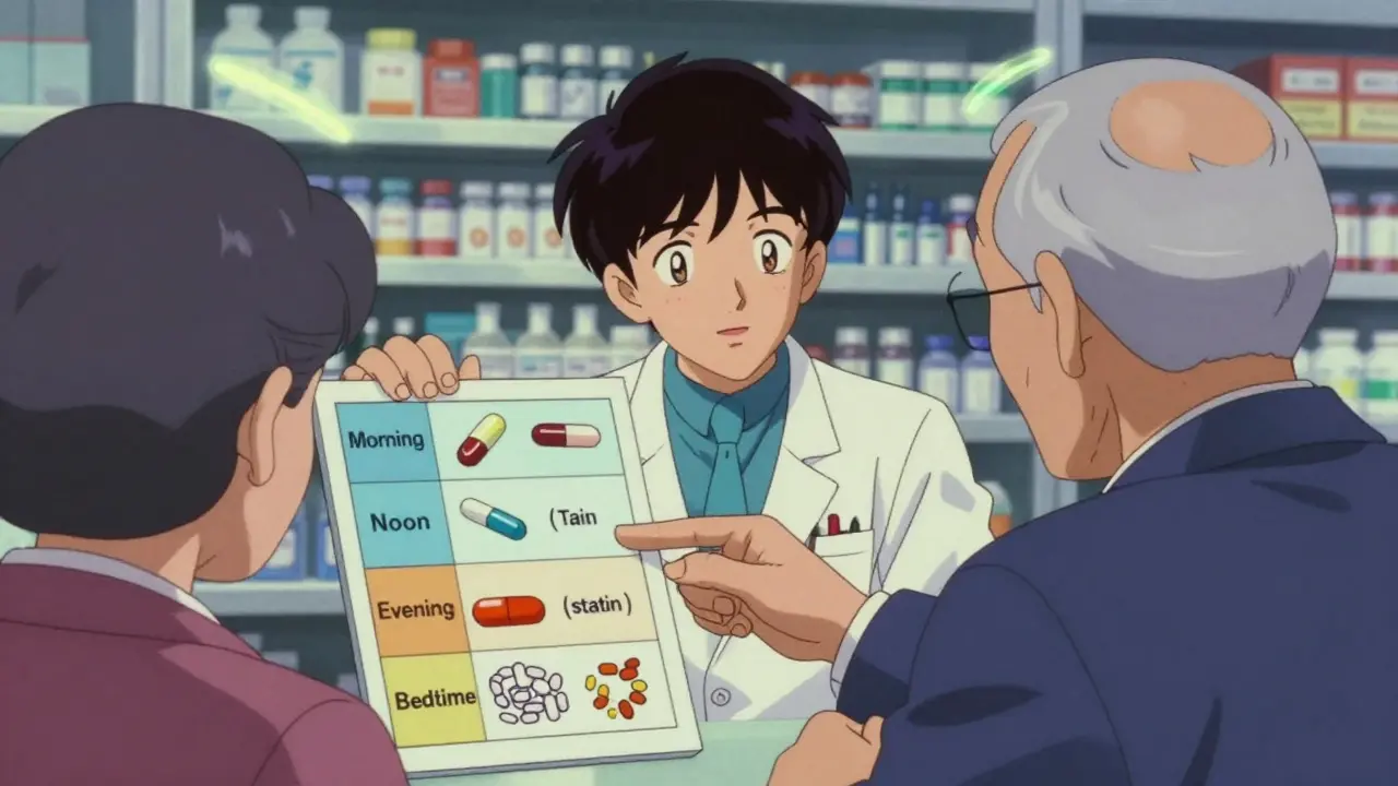 Pharmacist explaining medication schedule using visual time blocks to an older patient.