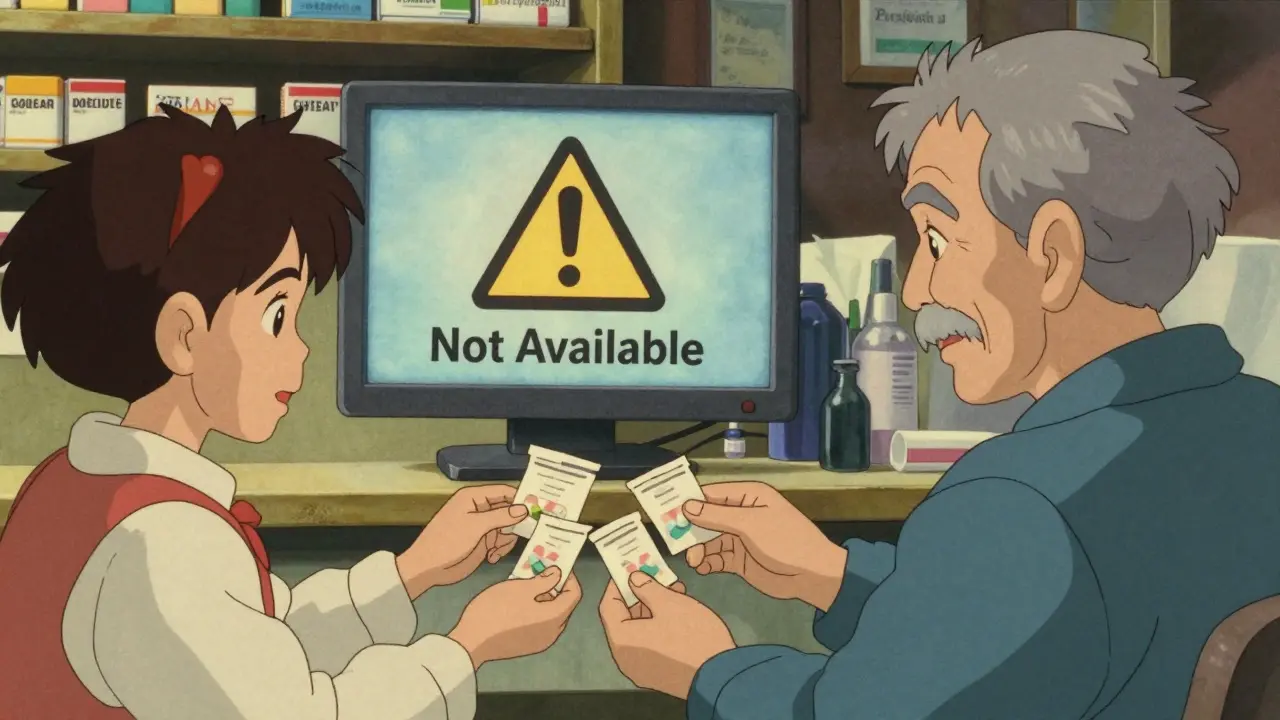 Pharmacist handing out separate generic pills to an elderly patient in a clinic.