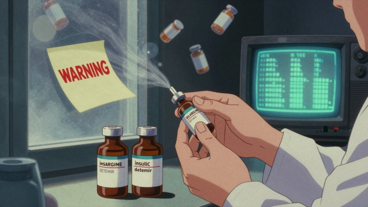 Pharmacist reaching for insulin vials with warning note nearby, retro anime style.