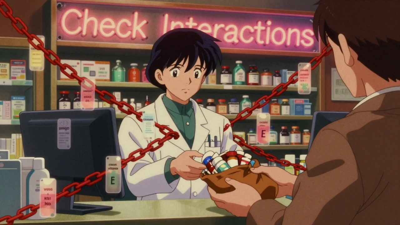 Pharmacist reviewing supplements and pills in a neon-lit retro anime pharmacy.
