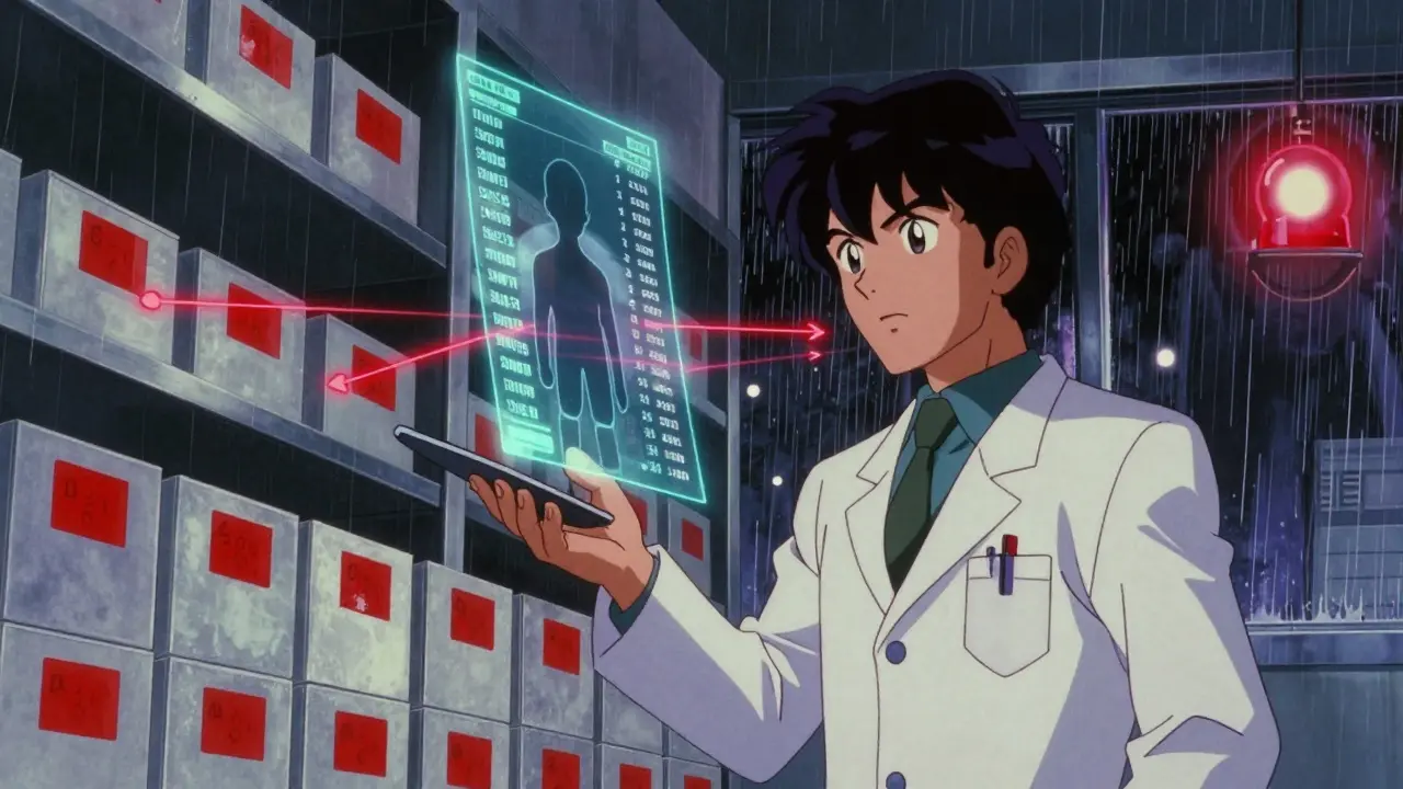 Pharmacist standing beside quarantined recalled drugs with a holographic patient list and warning symbols in retro anime style.