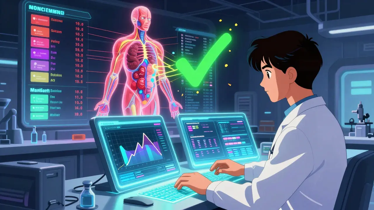 Pharmacometrician controlling holographic drug exposure models in a cyberpunk lab