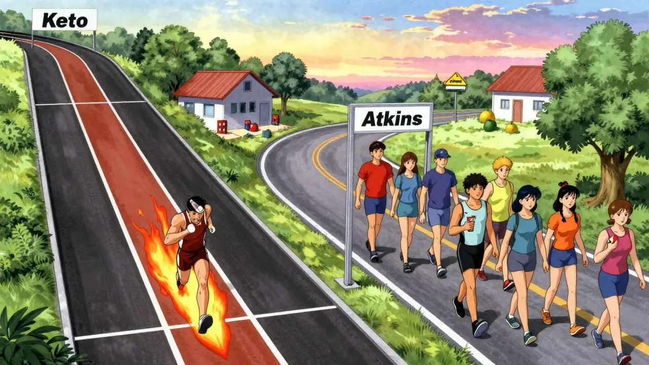 Retro anime race track: Keto as steep climb with flames, Atkins as winding path with rest stops and fruit trees.