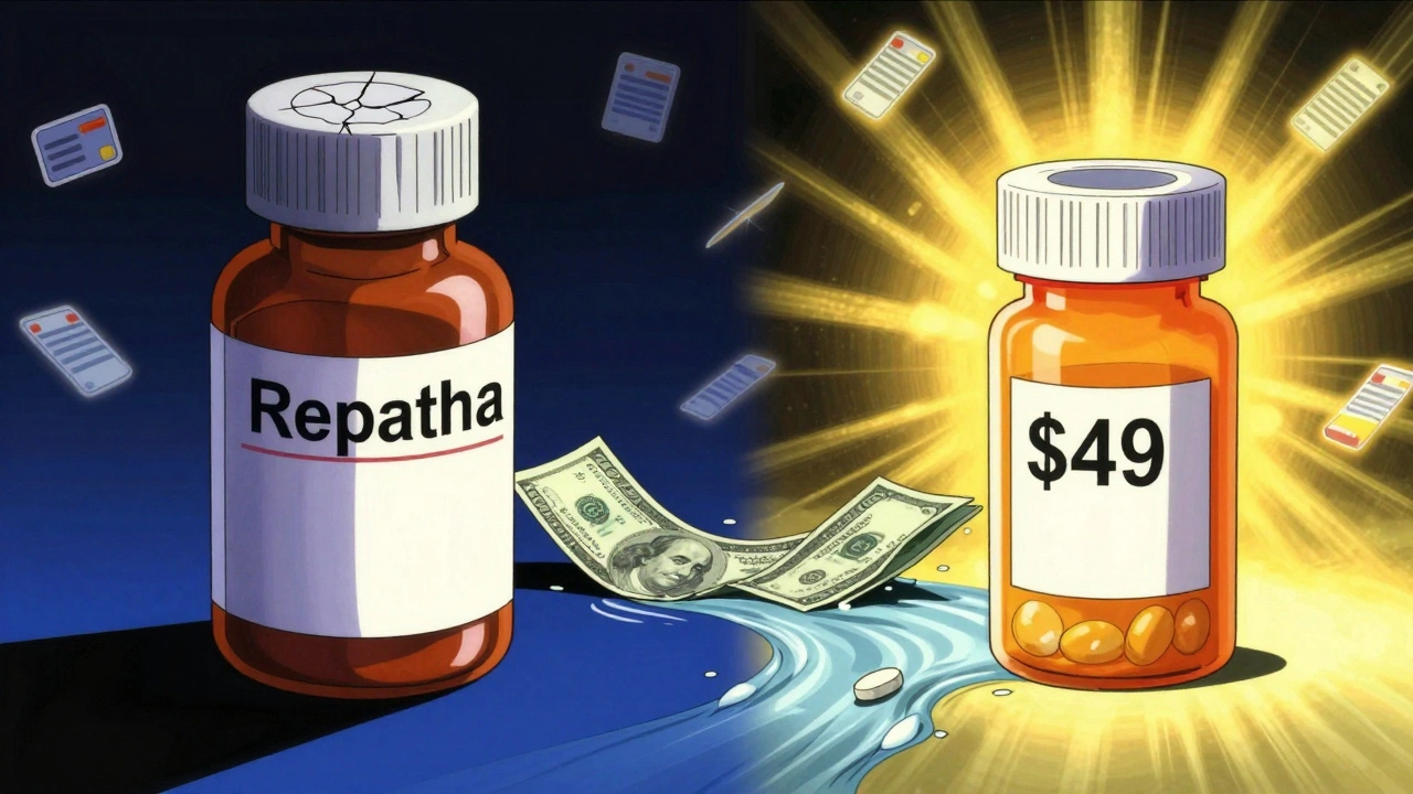 Split-panel anime showing branded drug crumbling as generic pill glows with low price tag.