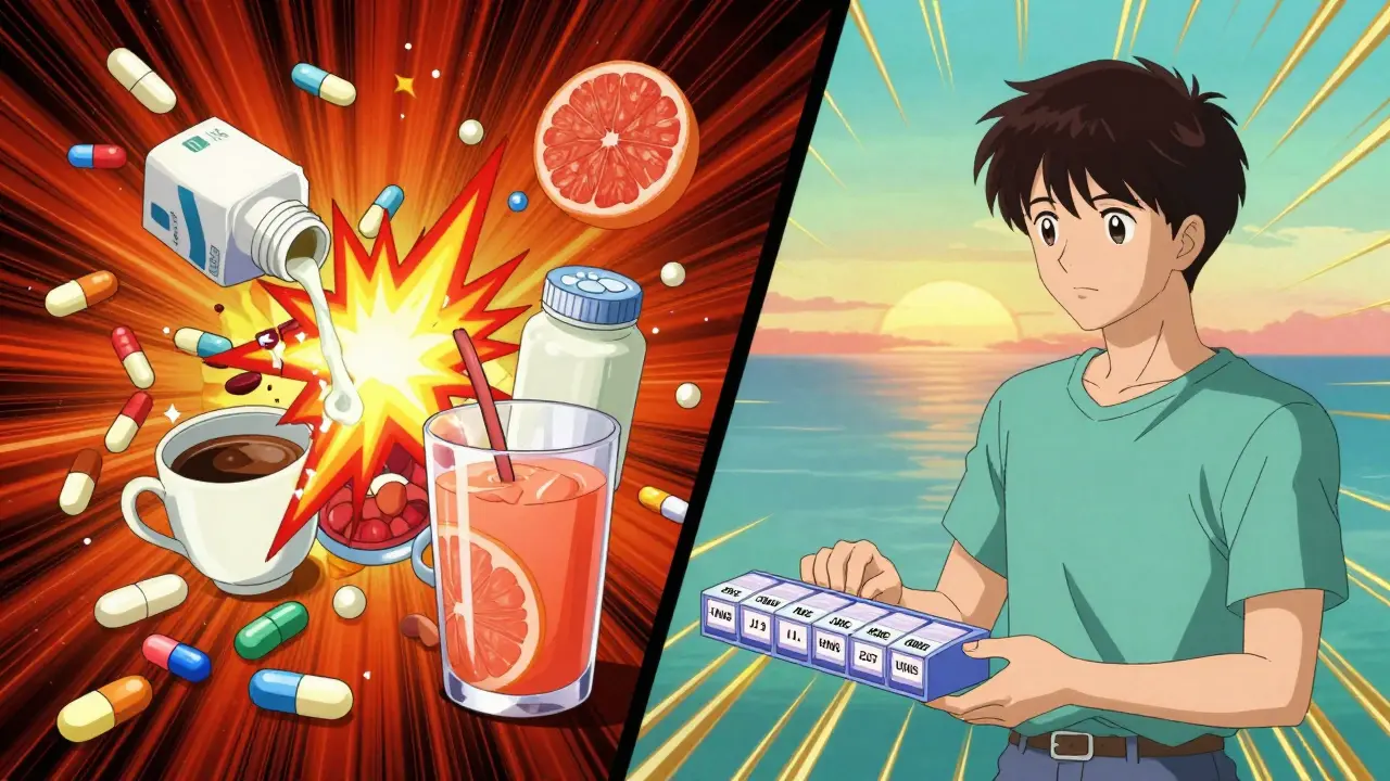 Split scene: chaotic drug interactions vs. safe medication schedule with UMS timing.