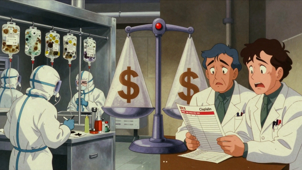 Split scene: moldy drug factory in India and U.S. doctors rationing chemo, with profit scales tipping.