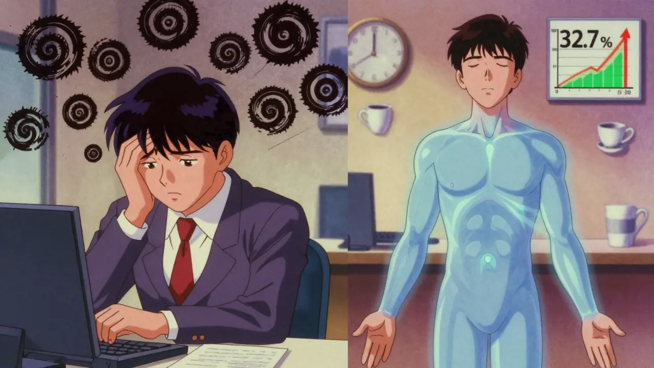 Split scene of anxious thoughts transforming into calm body scan with glowing light in retro anime aesthetic.