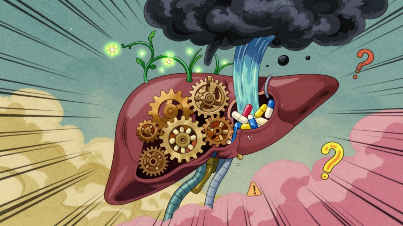 Surreal liver with gears processing dangerous supplement interactions in anime style.
