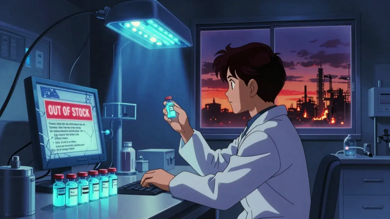 Technician in a lab monitoring injectable drugs with warning alerts on screens.