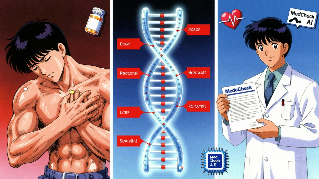 Three-panel anime scene showing statin pain, DNA testing, and new prescription with medical icons.