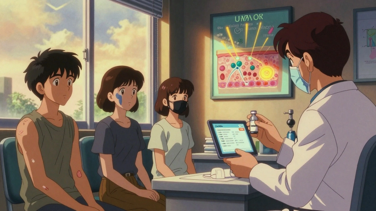 Three patients in a dermatologist’s office show photosensitivity reactions under sunlight.