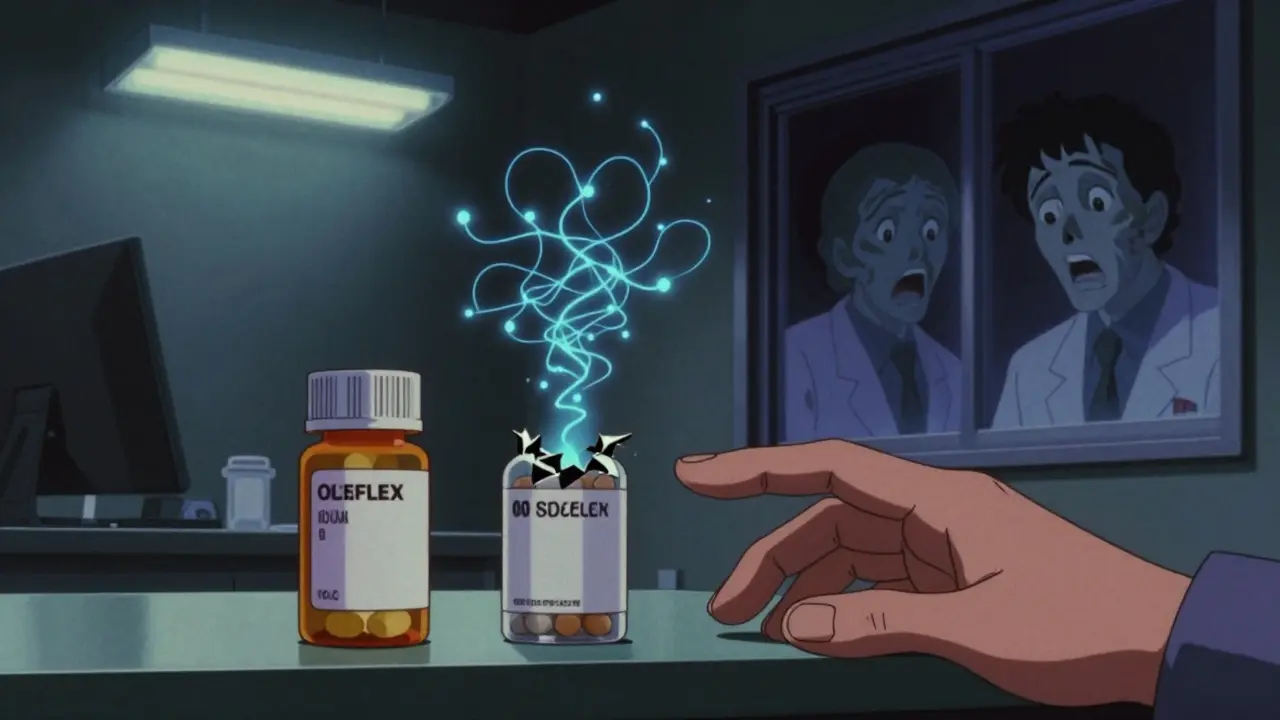 Two pill bottles on a desk, one cracked, leaking glowing neural patterns, in a dim retro anime office scene.