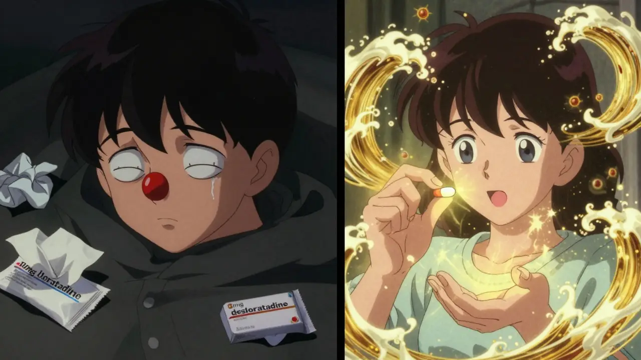 A before-and-after anime scene showing allergy relief with desloratadine versus loratadine.