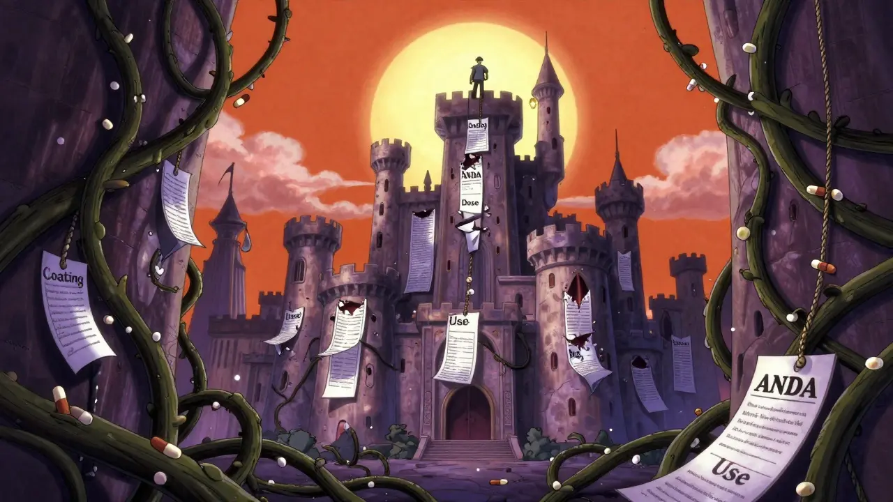 A brand-name drug castle surrounded by patent vines being eaten away by generic pills under a rising sun.