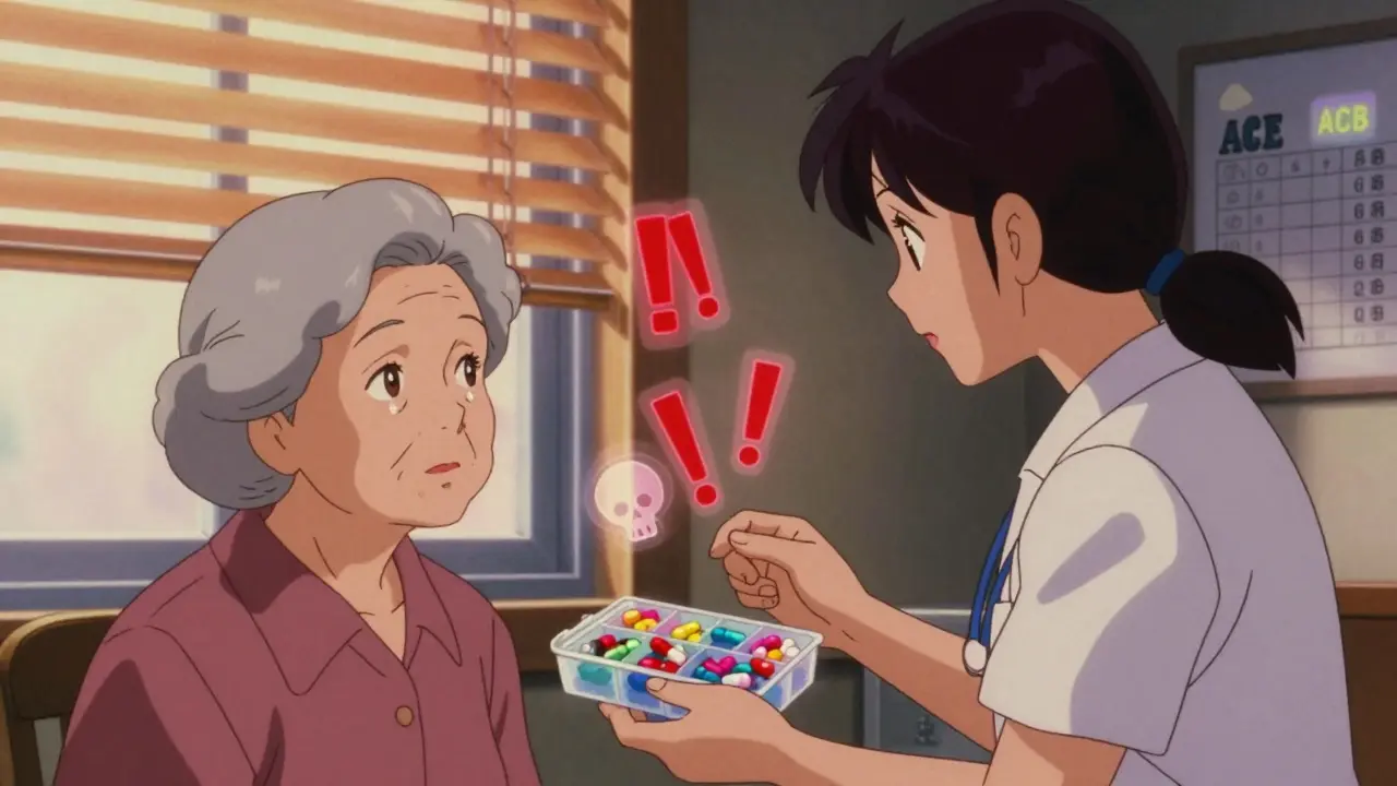 A caregiver holds a pill organizer as an elderly woman stares out a window, with warning icons above the pills.
