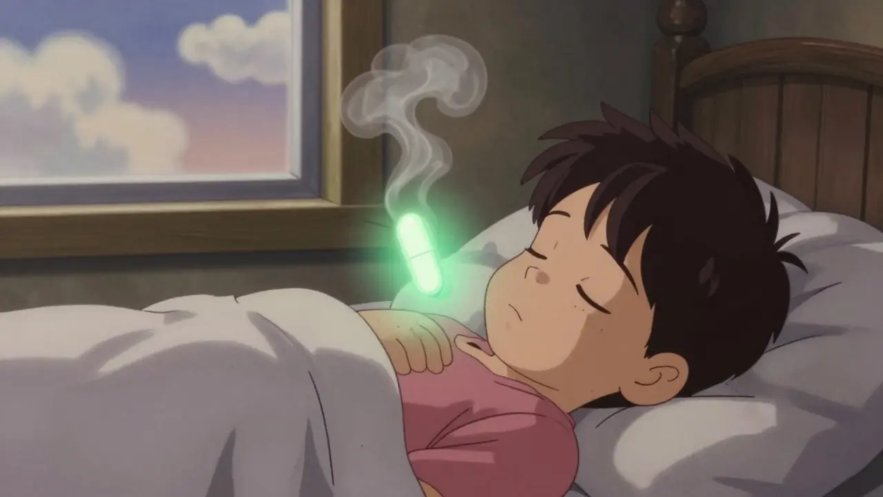 A child sleeping peacefully as a tablet emits calming light to reduce allergy symptoms.