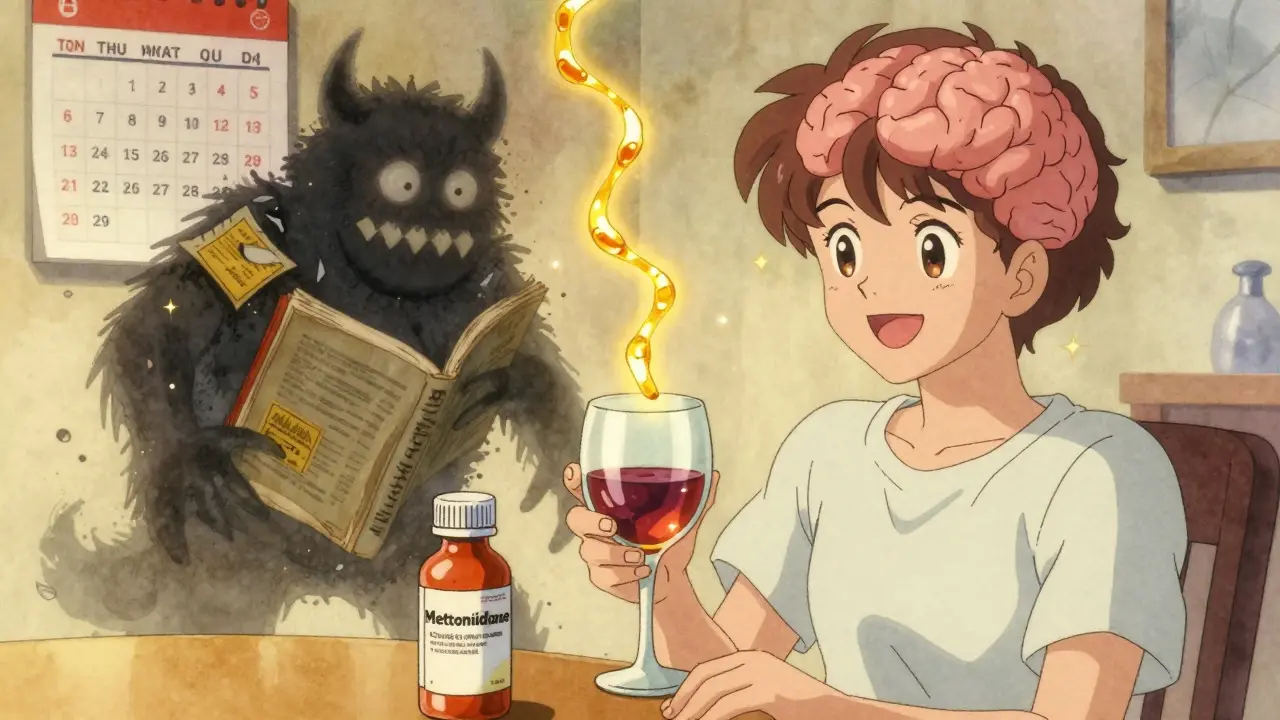 A patient enjoys wine with metronidazole as old medical myths crumble, serotonin glowing in their brain.