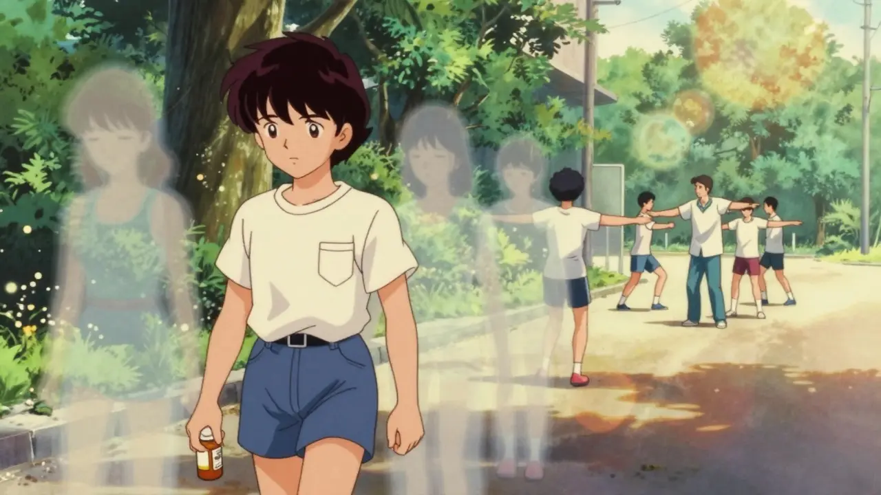 A person walks forward while ghostly drowsy versions lag behind, with physical therapy in the distance.