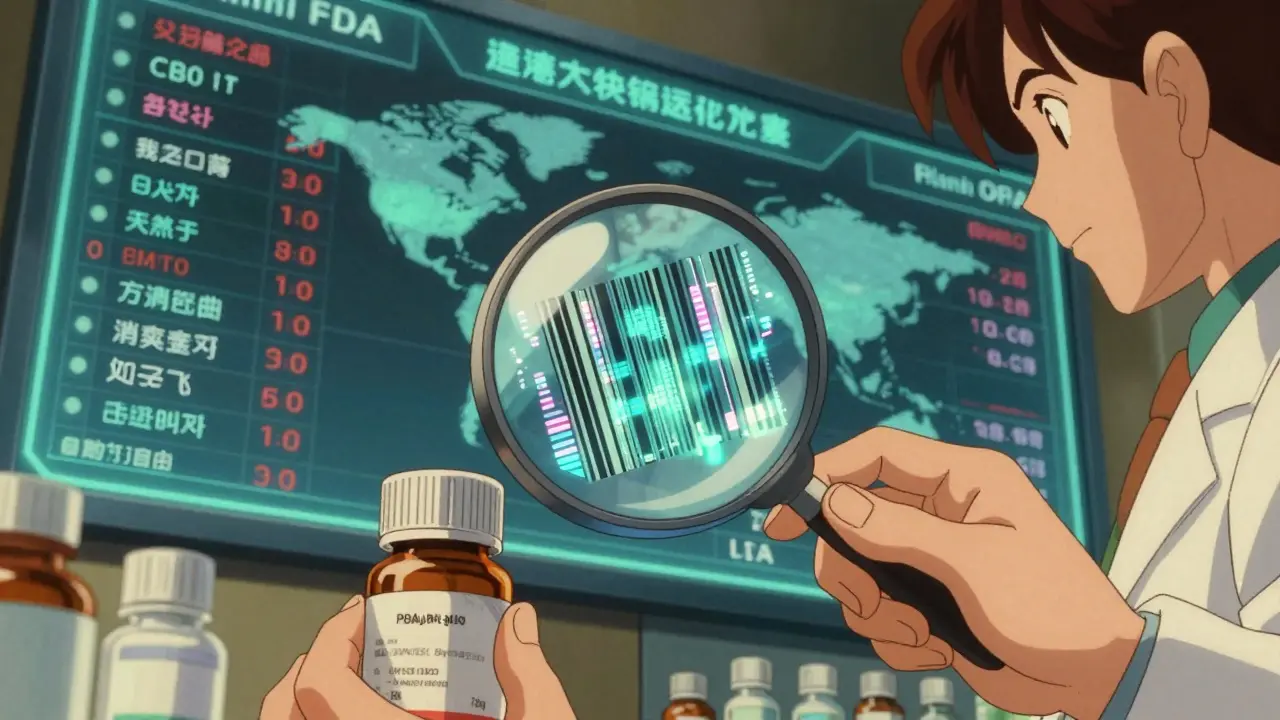 A pharmacist examines a pill with a holographic barcode glowing above it in a futuristic pharmacy.