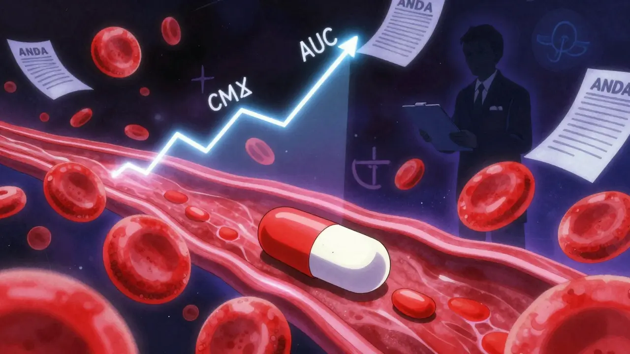 A pill dissolving in a glowing bloodstream with abstract data curves floating nearby.