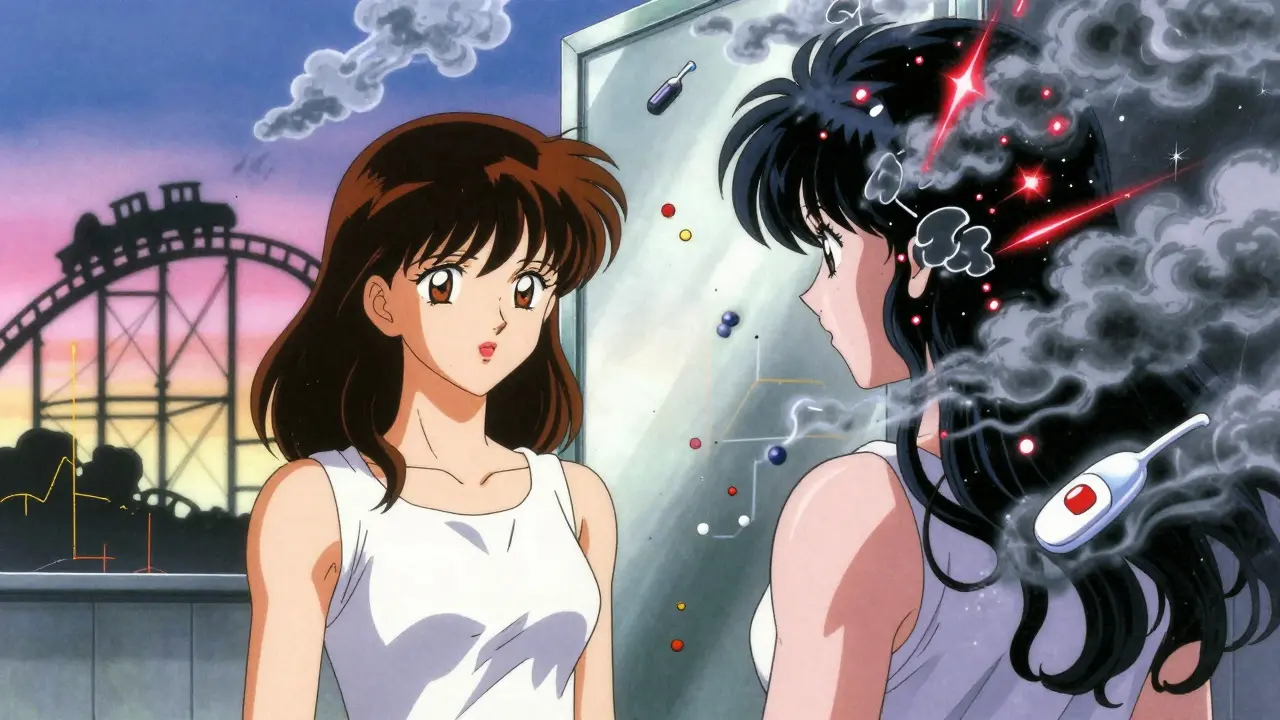 A woman's reflection split between calm and chaotic versions, with hormone graphs forming a rollercoaster behind her.