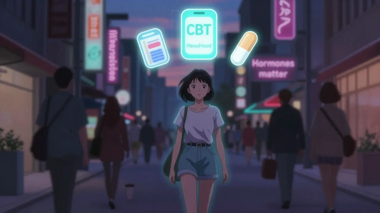 A woman walking through a city, glowing softly as digital health symbols float above her in a retro anime style.