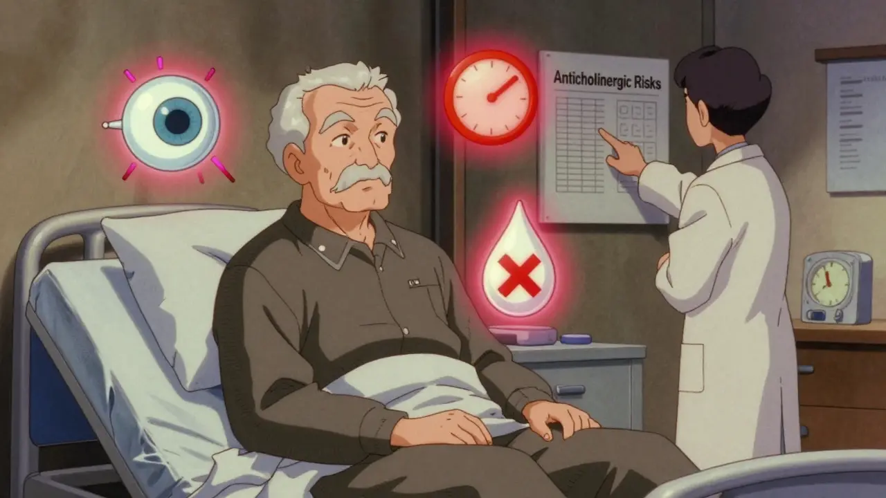An elderly man on a hospital bed surrounded by warning symbols of meclizine side effects like dry mouth and eye pressure.