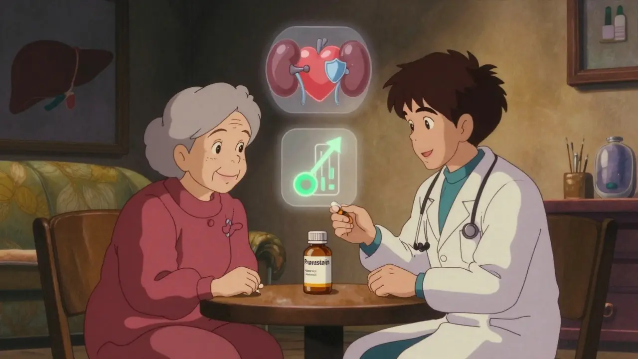 An elderly woman and her doctor discussing pravastatin, with floating icons representing kidney clearance and heart protection.