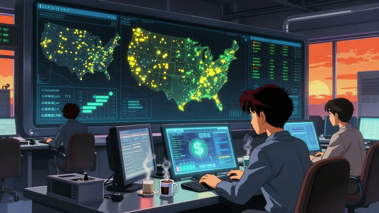 Analysts monitor a holographic U.S. drug shortage map in a retro-futuristic FDA control room with glowing indicators.