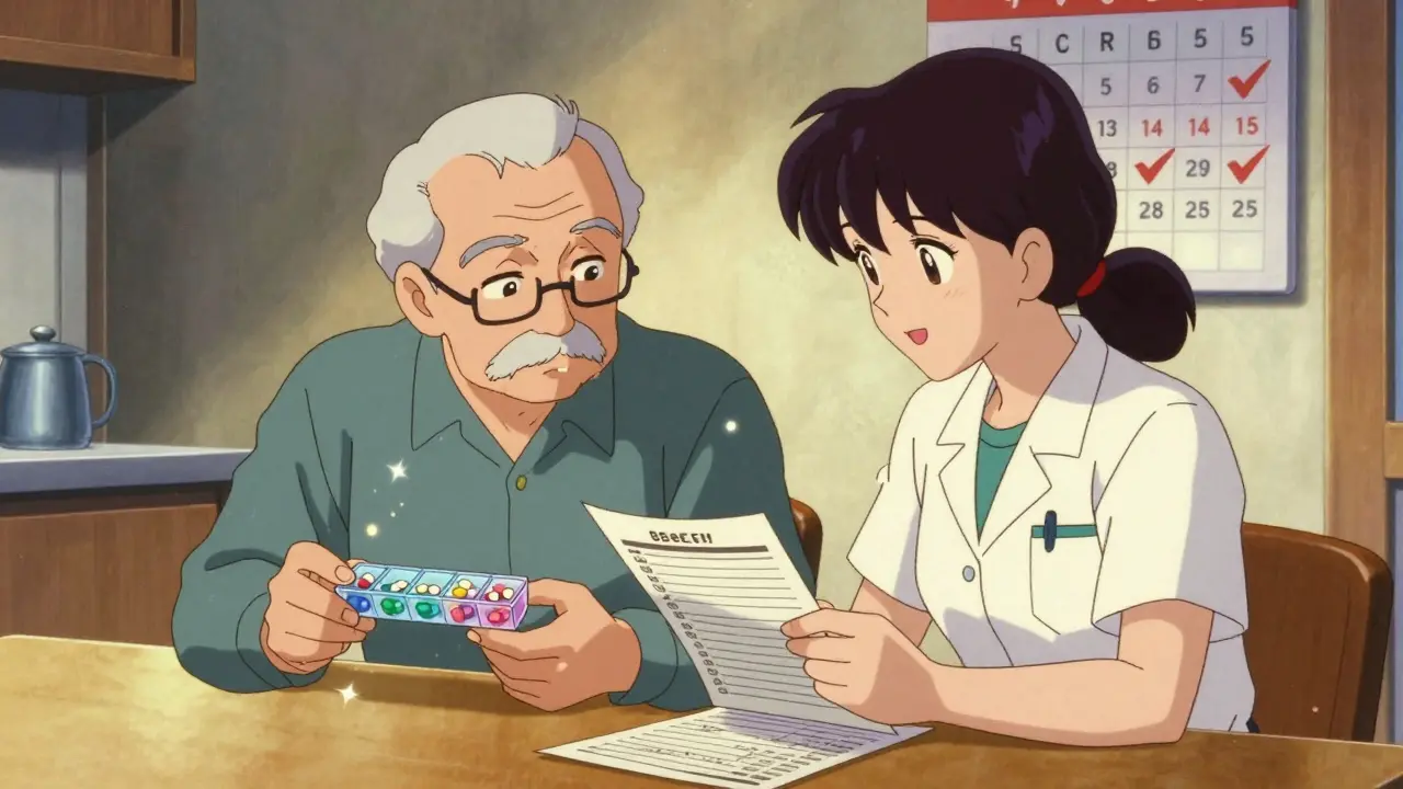 Caregiver and elderly man checking pills together at a kitchen table with a checklist.