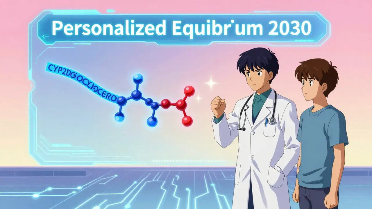 Doctor and patient facing holographic genetic drug interaction, glowing blue and red molecular strands.