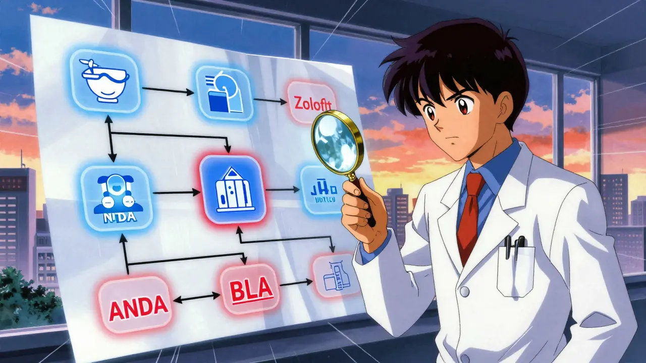 Doctor examining FDA approval pathways with glowing drug application icons in retro anime style