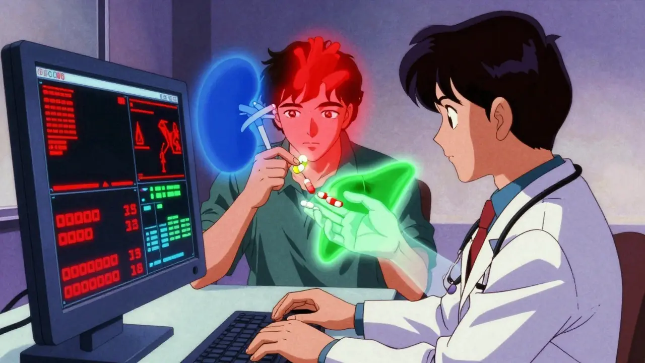 Doctor facing a screen full of warning alerts while a patient takes multiple medications with colored auras of danger.